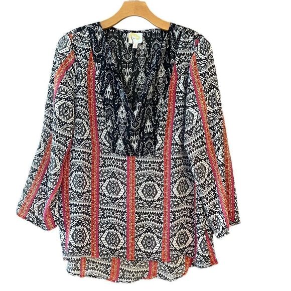 Fig and Flower S Black Red Bohemian Gypsy Lightweight Relaxed Mix Pattern Blouse - Picture 1 of 9